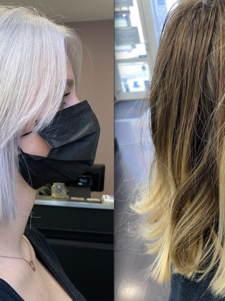 Photo avant après d'une décoloration et application d'une patine